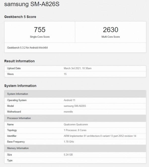 三星Galaxy A82 5G跑分现身Geekbench：搭载2018年的骁龙855+