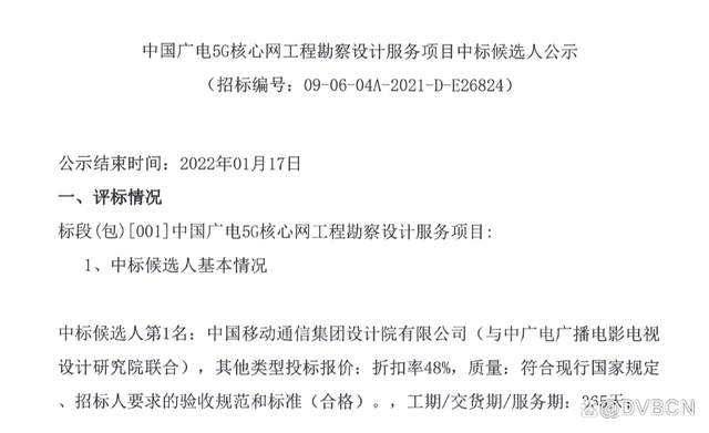 中国广电5G核心网工程勘察设计服务候选人公示