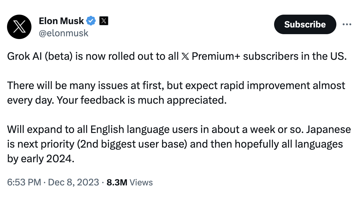 马斯克：Grok AI 测试版现已向美国所有 X Premium + 订阅者开放 – AI新智界