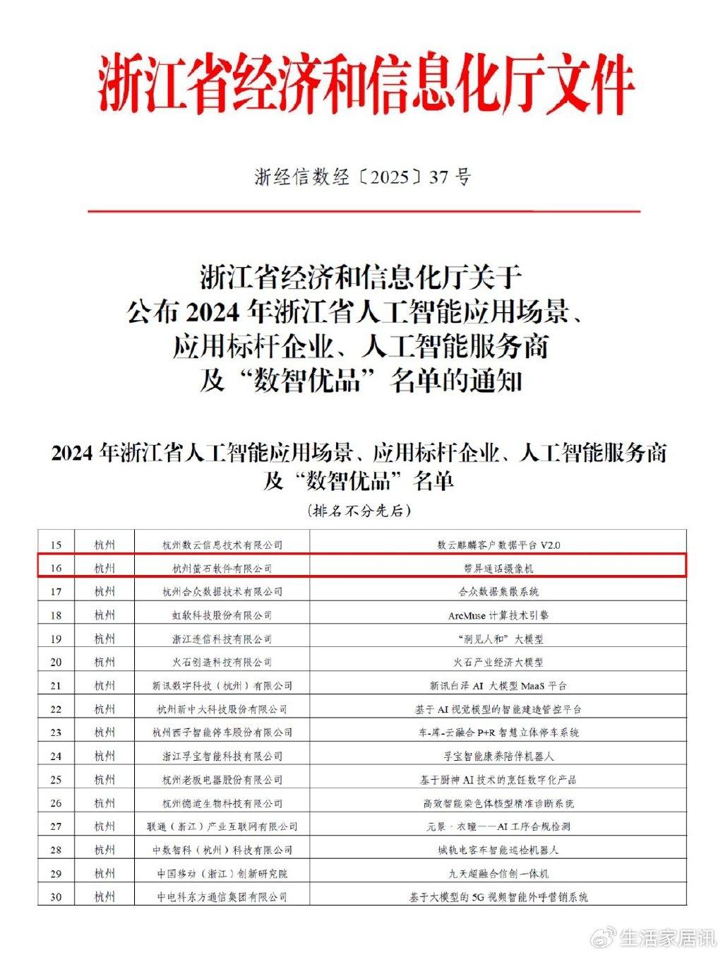 萤石视频通话摄像机S10入选2024浙江省人工智能“数智优品”